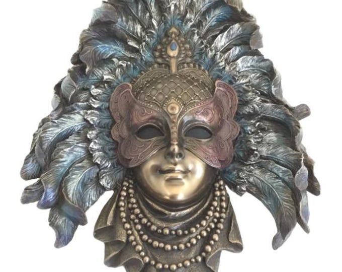 Venetian Feather Mask, 33 cm (13 inches) in bronzed resin marble, handcrafted in Italy