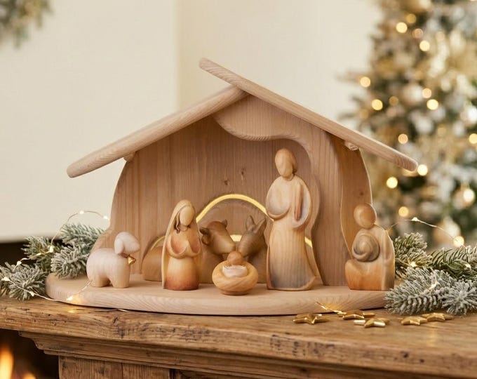 Modern Art nativity scene carved in Valgardena wood, hand-decorated, 8 pieces with hut, various sizes, Italian artisan production