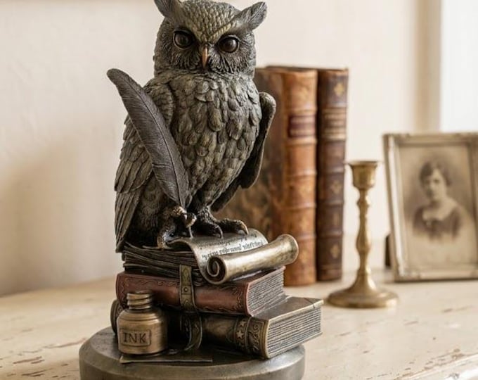 Classical sculpture Owl on books, 22 cm (8.66 inches) in bronzed resin marble, handcrafted in Italy