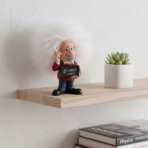 May include: A figurine of Albert Einstein with a large white wig, red sweater, and black shoes. He holds a chalkboard with the equation E=mc². A small succulent plant in a white pot sits nearby on a wooden shelf. Physics books are stacked below.