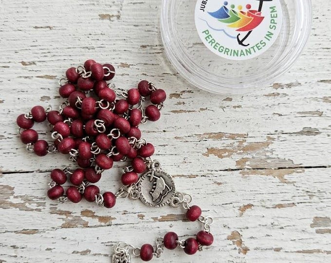 Jubilee 2025 Rosary in rose-scented wood with Jubilee logo case, handcrafted in Italy