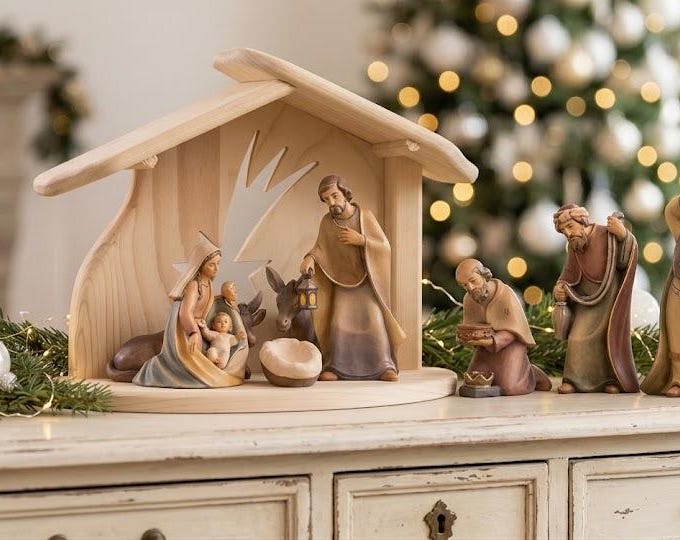 Nativity scene, Holy Family, Nativity, with stable, carved in Valgardena wood and decorated by hand, Italian production, various sizes