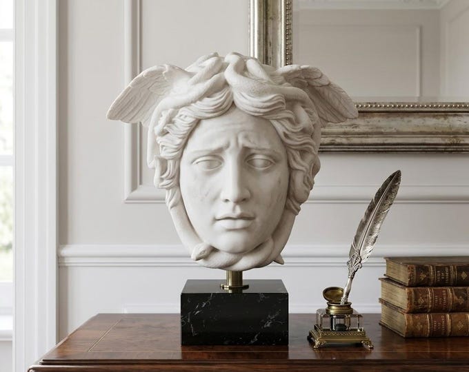 Classic sculpture "Head of Medusa", 38 cm (14.96 inches) in alabaster powder, marble base, handcrafted, made in Italy