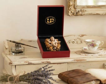 Baby Jesus statue with deluxe case carved from Valgardena wood and hand-decorated, Italian artisan production.