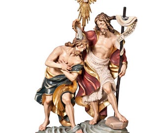Sculpture of the baptism of Jesus, carved in Valgardena wood and hand-decorated, Italian artisan production, various decorations and sizes.