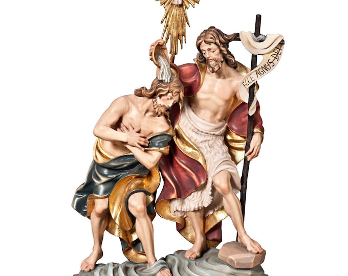 Sculpture of the baptism of Jesus, carved in Valgardena wood and hand-decorated, Italian artisan production, various decorations and sizes.