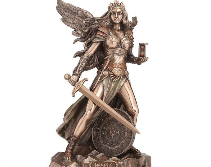 Scultura classica Nemesis Dea del Fato, cm 22 (8,66 inches) in marmo resina bronzata, artigianale, made in Italy