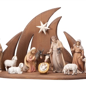 Complete Nativity scene Ambiente Design 13 pieces, carved in hand-decorated Valgardena wood, various sizes, Italian handicraft production