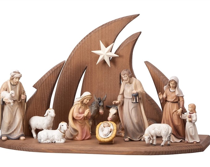 Complete Nativity scene Ambiente Design 13 pieces, carved in hand-decorated Valgardena wood, various sizes, Italian handicraft production