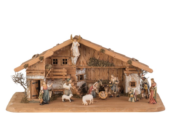 Nativity scene Farmer carved in wood of Valgardena, decorated by hand, 14 pieces with hut, various sizes, Italian handicraft production