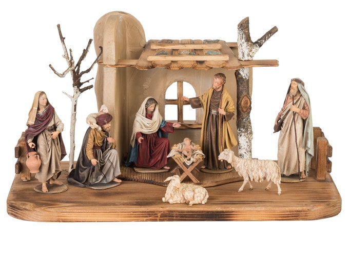 Immanuel nativity scene carved in Valgardena wood, decorated by hand, 9 pieces with hut, various sizes, Italian artisan production