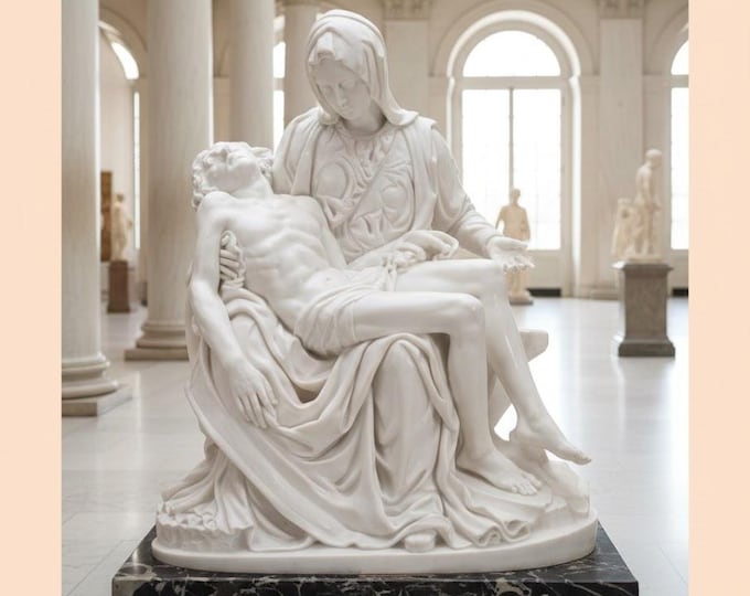 Classical sculpture "Pietà del Michelangelo", 45 cm (17.71 inches) in alabaster powder, marble base, handcrafted, made in Italy