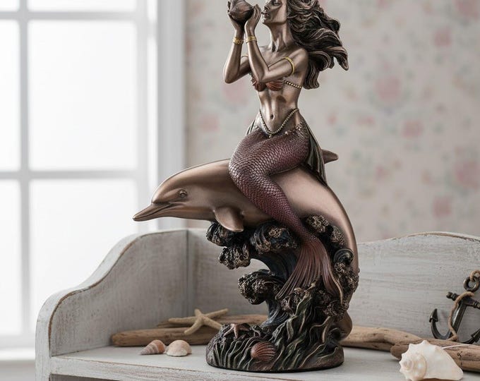 Classic sculpture of a mermaid on a dolphin, 21 cm (8.26 inches) in bronzed resin marble, handcrafted, made in Italy