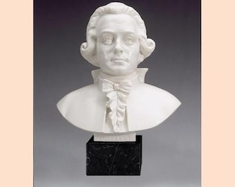 Wolfgang Amadeus Mozart-Skulptur, 28 cm (11,02 Zoll), aus Alabasterpulver, Marmorsockel, handgefertigt, hergestellt in Italien
