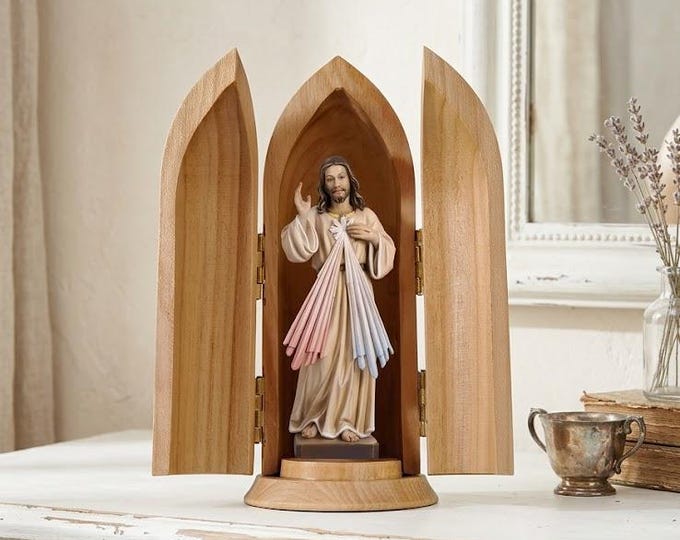 Statue of Merciful Jesus with niche, carved in Valgardena wood and hand-decorated, Italian artisan production
