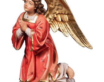 Kneeling angel sculpture, carved from Valgardena wood and decorated by hand, made in Italy, various sizes.