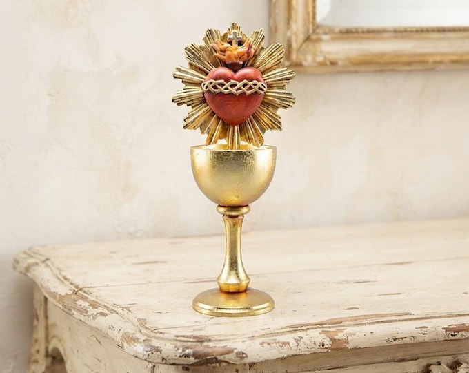 Chalice sculpture with Sacred Heart of Jesus with halo, carved in Valgardena wood, hand-decorated, Italian artisan production