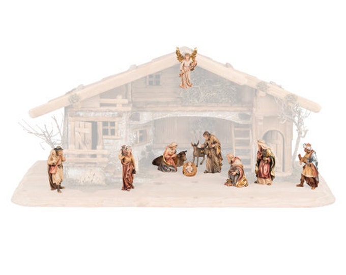 Complete nativity scene 12 pieces (without stable) carved in Valgardena wood, hand-decorated, various sizes, Italian artisan production