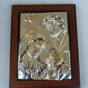Pintura de la Sagrada Familia cm 31 x 25 (12,20 x 9,84 pulgadas) en polvo de alabastro laminado plateado de artesanía italiana