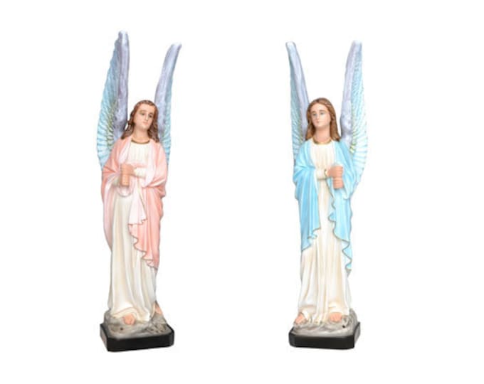 Pair of candlestick angels cm 73 (28,74 inches) in hand-decorated resin, painted eyes or glass, of Italian artisan production