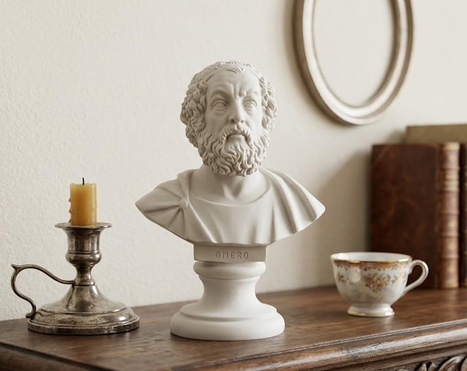 Homer bust sculpture, 16 cm (6.29 inches), in alabaster powder, handcrafted, made in Italy