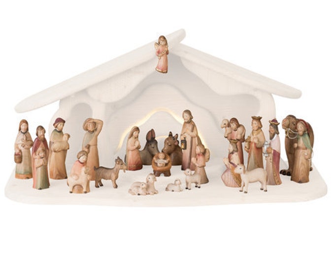 Complete nativity scene 24 pieces (without stable) carved in Valgardena wood, hand-decorated, Italian artisan production