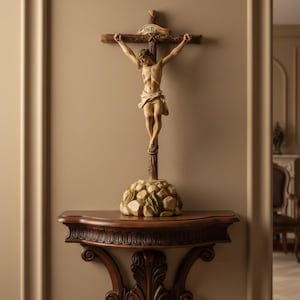 Free-standing crucifix cross, 43 x 21 cm (16.92 x 8.26 inches) in solid resin marble, hand-decorated, artisanal production image 1