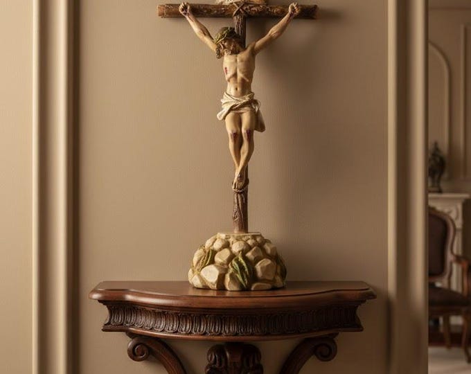 Free-standing crucifix cross, 43 x 21 cm (16.92 x 8.26 inches) in solid resin marble, hand-decorated, artisanal production