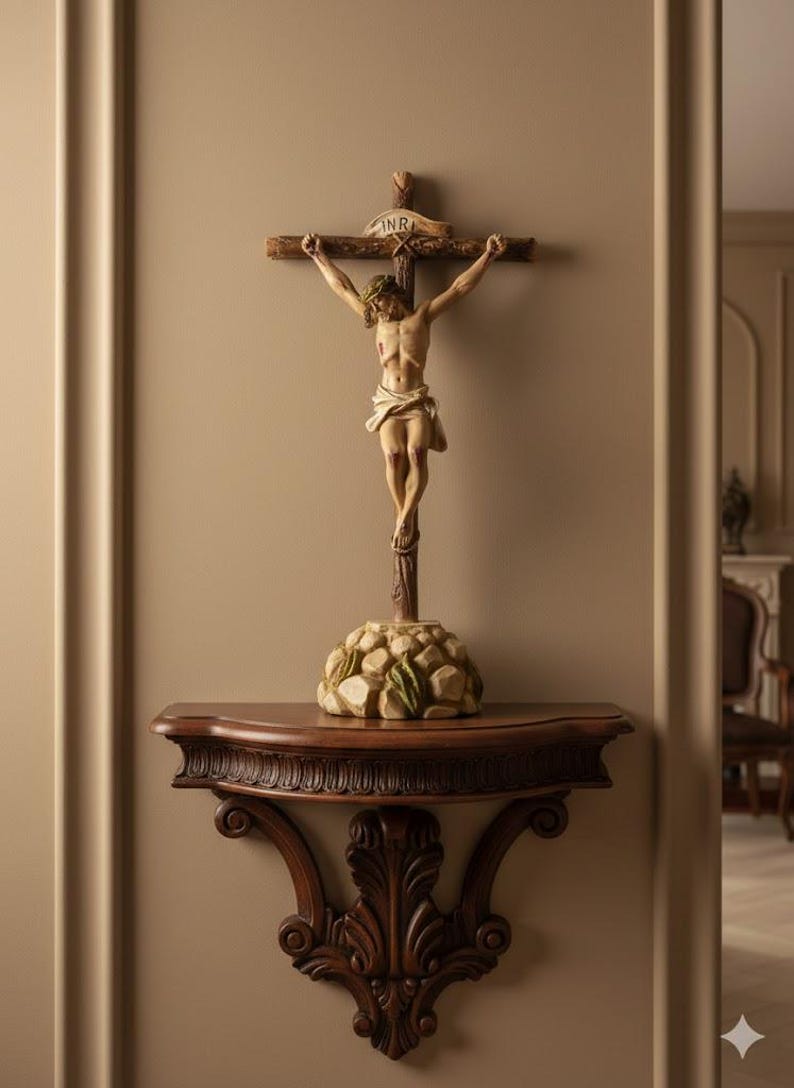 Free-standing crucifix cross, 43 x 21 cm (16.92 x 8.26 inches) in solid resin marble, hand-decorated, artisanal production image 1