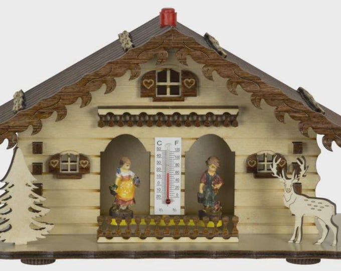 Weather station, Alpine house, carved wood with children, 14 cm (5.51 inch), handcrafted in Italy