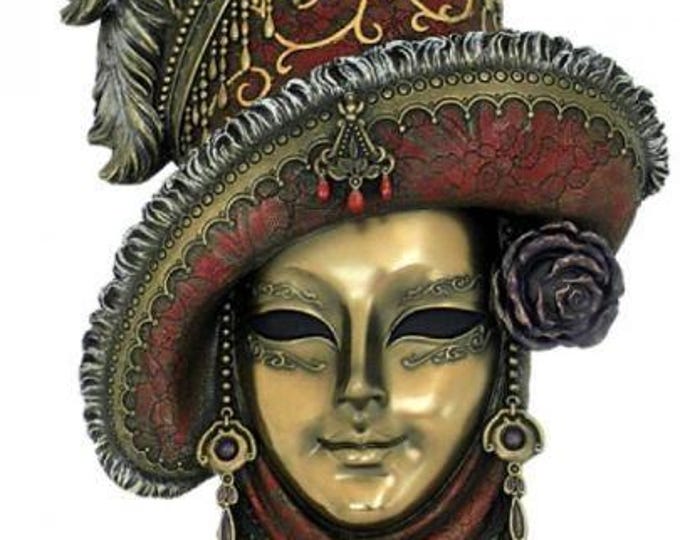 Venetian Mask with Red Hat, 32 cm (12.6 inches) in bronzed resin marble, handcrafted in Italy