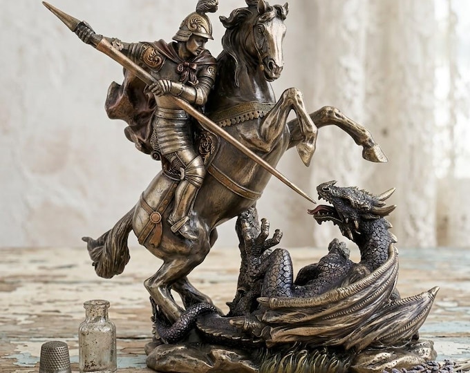 Sculpture of Saint George and the Dragon, 21 cm (8.26 inches) in bronzed resin marble, handcrafted in Italy