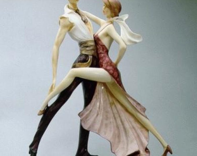 Liberty Style Sculpture Gigolo with Dancer, cm 45 (17.7 inch) in alabaster powder, wooden base, hand painted, made in Italy