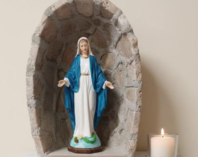 Handcrafted ivory marble statue cave, 20.5 x 14 cm, made in Italy, with a statue of the Miraculous Madonna