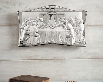 Wooden painting with silver plaque of the Last Supper, various sizes available, handcrafted in Italy