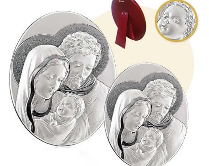 Wooden picture with oval silver plaque of the Holy Family, various sizes available, of Italian artisan production