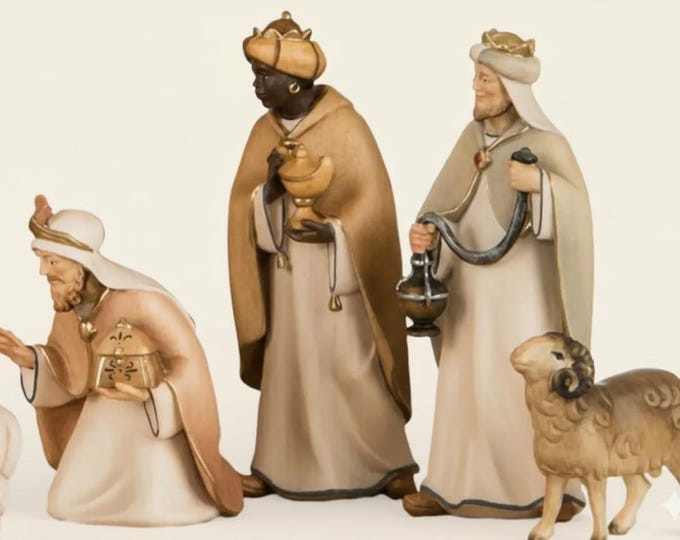Set of three Wise Men Nativity Scene Lights carved in Valgardena wood, hand-decorated, Italian artisan production