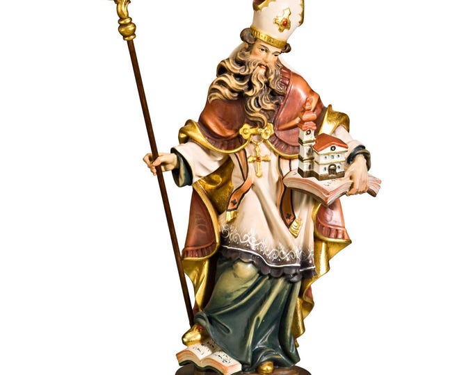 Statue of Saint Wolfgang carved in Valgardena wood, hand-decorated, Italian artisan production, various decorations and sizes.