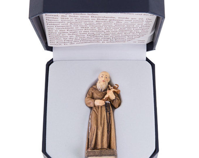 Statue of St. Konrad of Parzham with deluxe case carved in Valgardena wood decorated by hand of Italian handicraft production