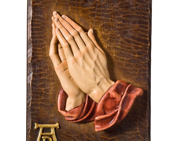Scultura Mani in Preghiera, scolpita in legno della Valgardena decorata a mano di produzione artigianale italiana varie misure