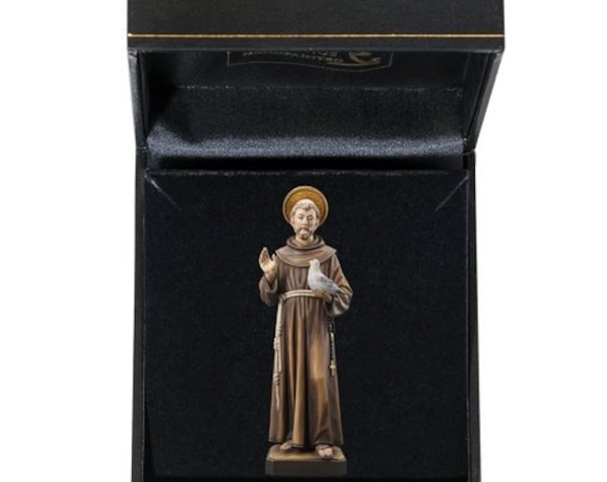 Statue of Saint Francis of Assisi with deluxe case carved in Valgardena wood, hand decorated, Italian artisan production
