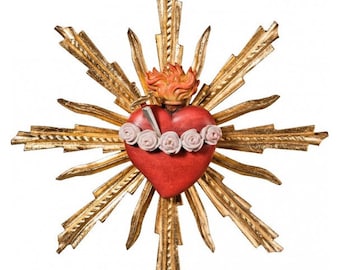 Sculpture of the Sacred Heart of Mary with dagger and halo, carved in Valgardena wood, hand decorated, Italian production