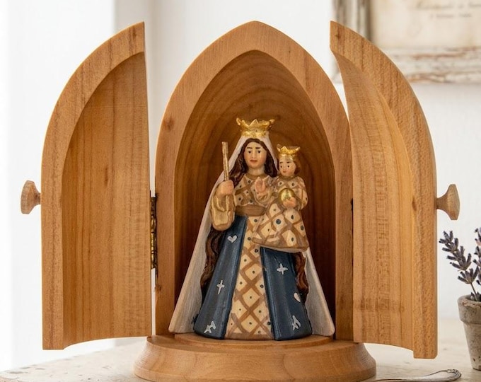 Statue of the Madonna of Kevelaer with niche 10 cm (3.93 inches), carved in Valgardena wood, hand-decorated, made in Italy
