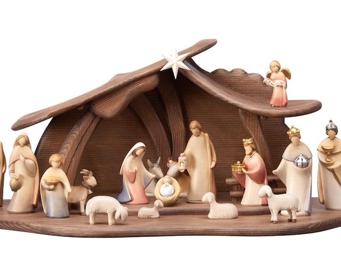 Complete nativity scene 19 pieces with hut, entirely carved in Valgardena wood decorated by hand, artisanal production