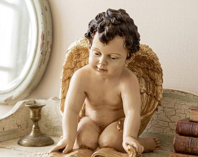 Angel statue 36 x 29 cm (14.17 x 11.41 inches) in hand-decorated resin, artisanal production for outdoor and indoor use.