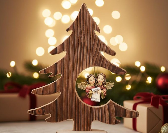 Abete albero di Natale con angeli, scolpito in legno della Valgardena e decorato a mano di produzione artigianale italiana