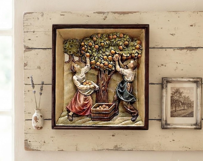 Bas-relief sculpture "Autumn", carved in Valgardena wood, hand-decorated, Italian artisan production