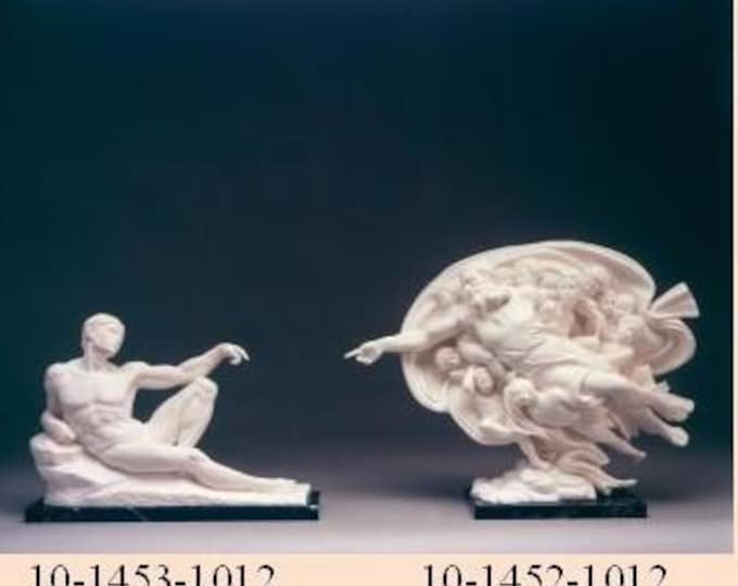 Statues of the creation of Adam cm 26 and cm 36 (10.23 and 14.17 inches) in alabaster powder, marble base, handcrafted, made in Italy