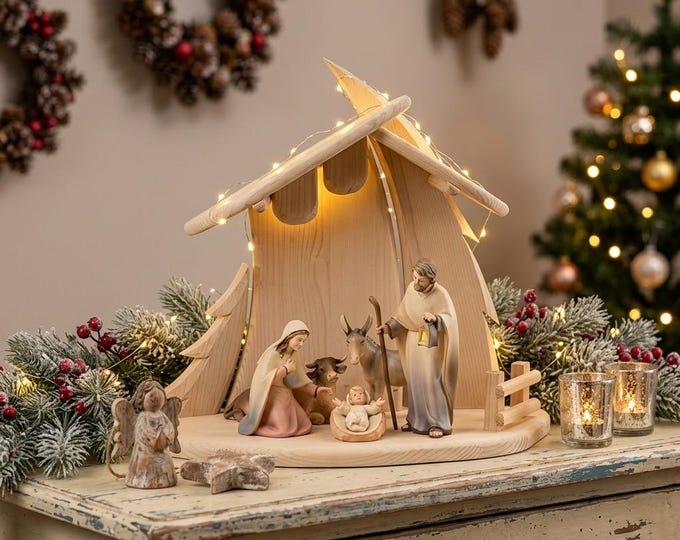 Nativity scene carved in Valgardena wood and decorated by hand, 5 pieces with hut, various sizes available, Italian artisan production