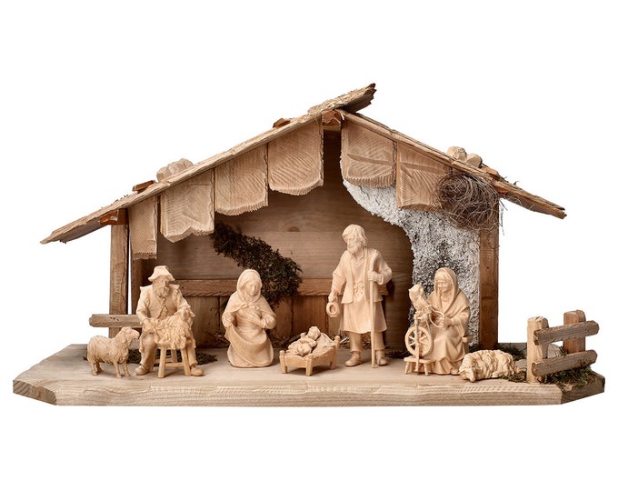 Nativity scene Farmer carved in pine wood of Valgardena and decorated by hand, 9 pieces with hut Italian handicraft production